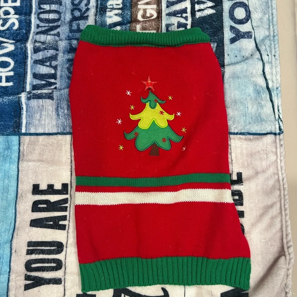 Festive Red Dog Sweater with Christmas Tree Design